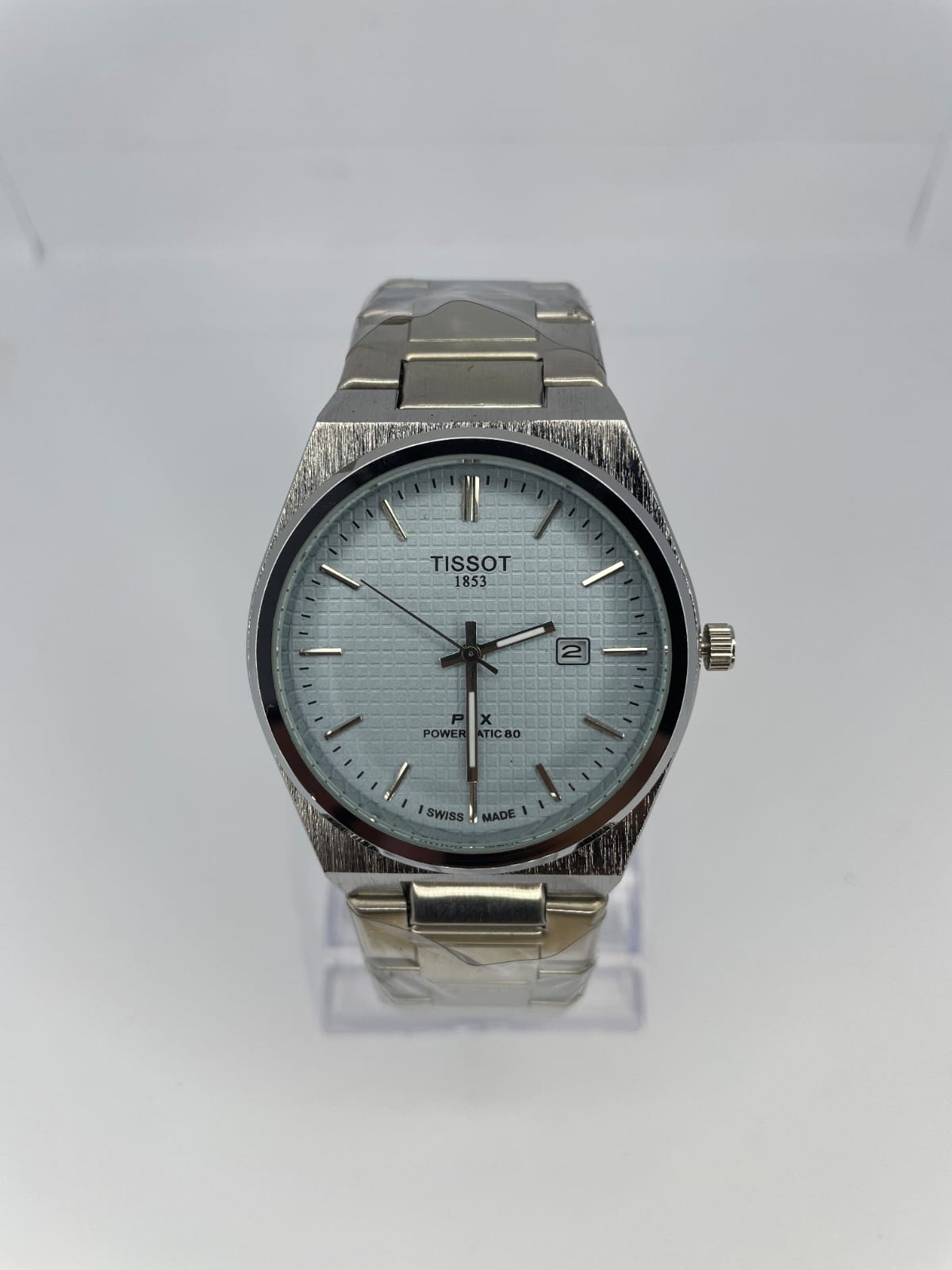 Tissot PRX 40mm men's watch with textured Sky BLue dial and stainless steel