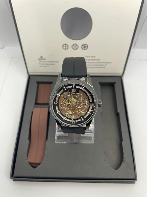 REWARD Skeleton Automatic Watch – Gunmetal Case, Dual Straps