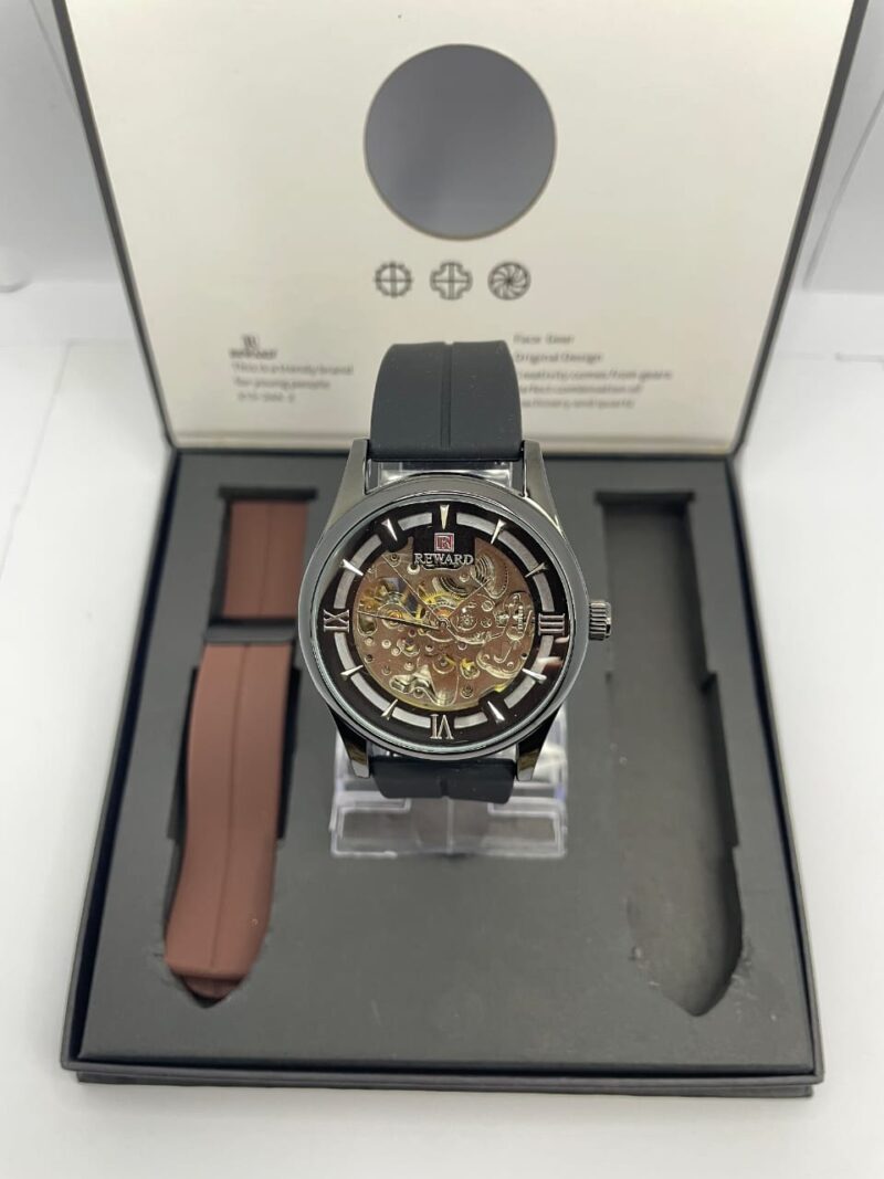 REWARD Skeleton Automatic Watch – Gunmetal Case, Dual Straps
