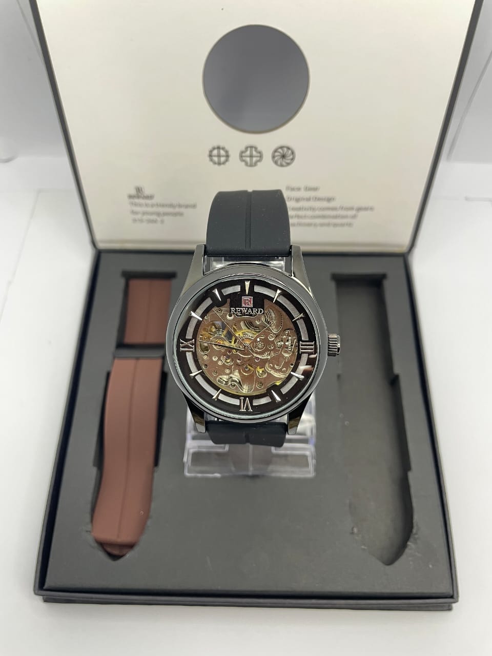 REWARD Skeleton Automatic Watch – Gunmetal Case, Dual Straps