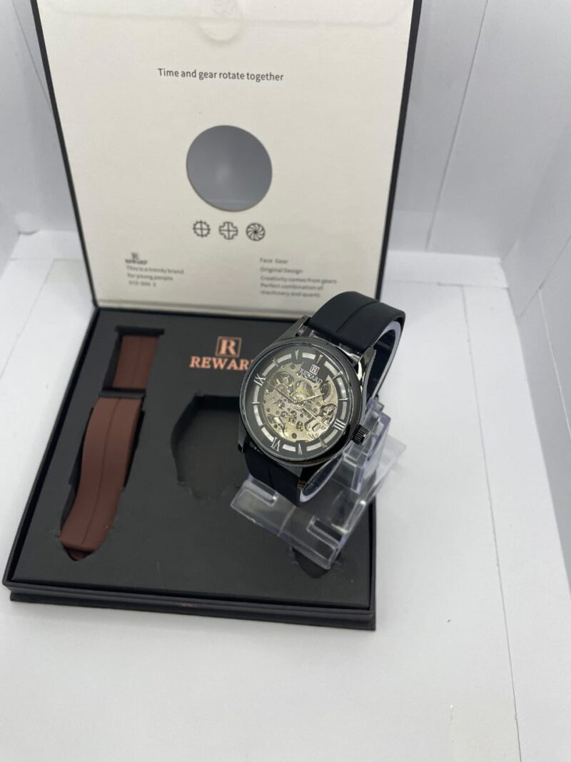 REWARD Skeleton Automatic Watch – Gunmetal Case, Dual Straps