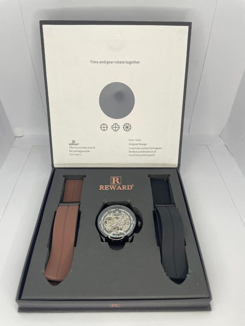 REWARD Skeleton Automatic Watch – Gunmetal Case, Dual Straps