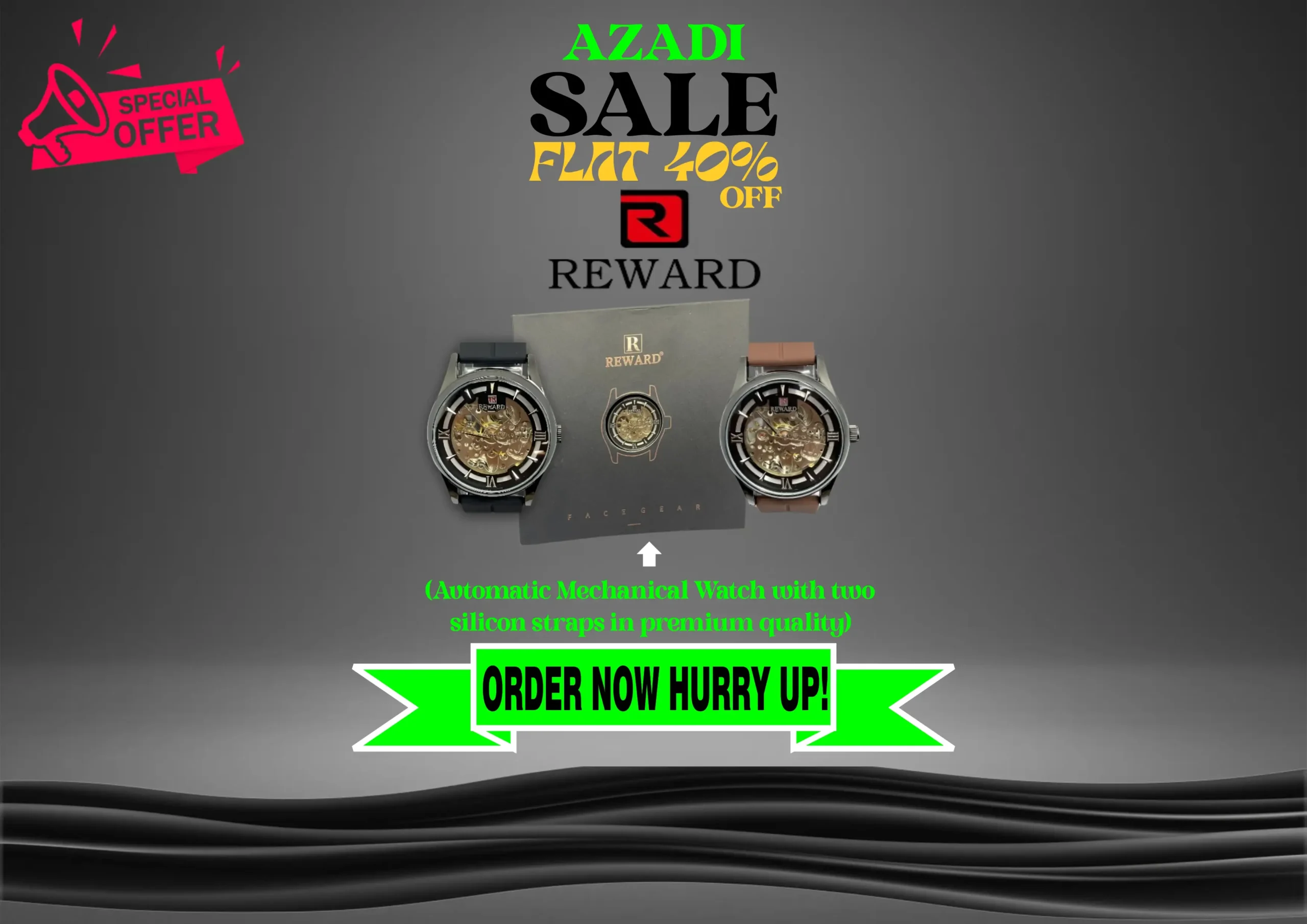 REWARD Skeleton Automatic Watch – Gunmetal Case, Dual Straps