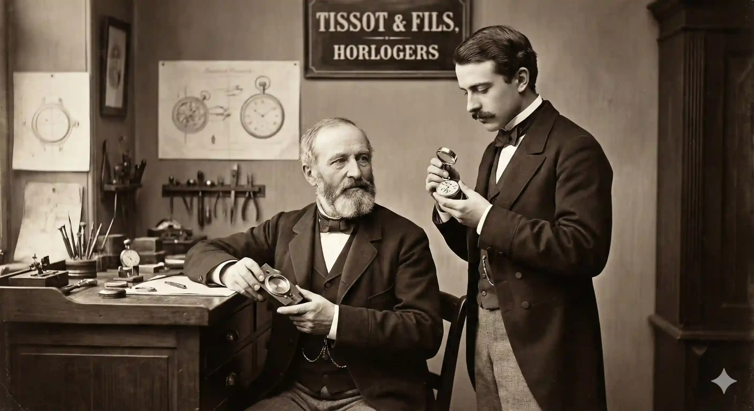 Founders of Tissot, Charles-Félicien Tissot (the father, a watch case maker) and his son Charles-Émile Tissot (the son, a watchmaker).